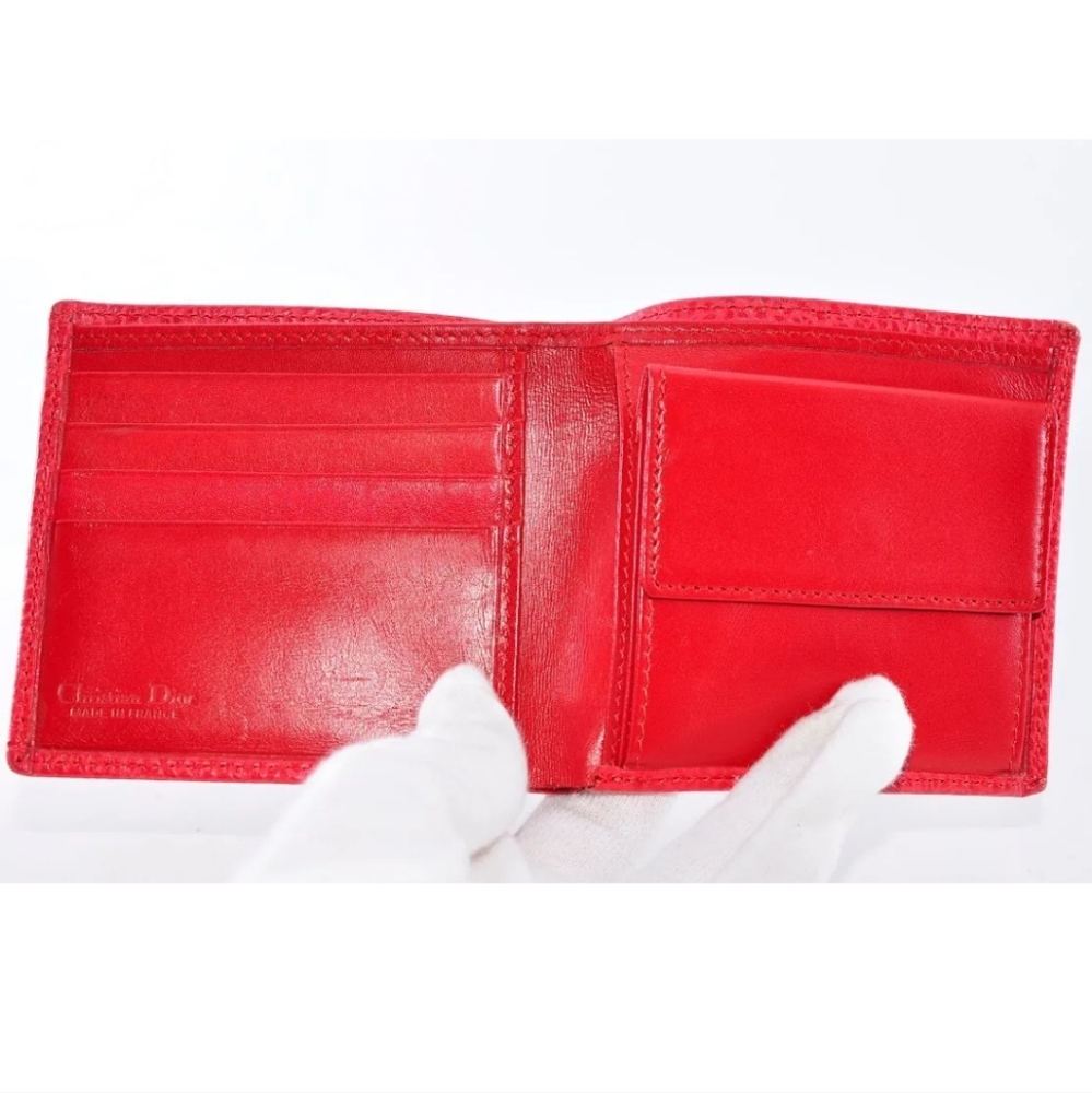 CHRISTIAN DIOR LOG PLATE BIFOLD RED LEATHER WALLET - Picture 9 of 13